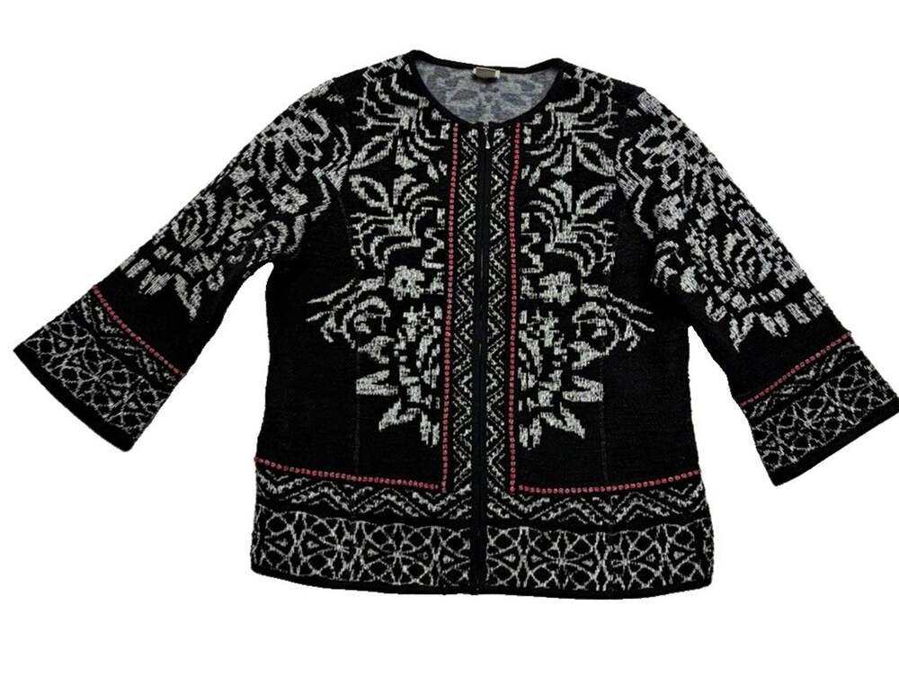 Chicos Size 2 Large Black Jacquard Cardigan Jacket Bell Sleeve Boho Zip Front